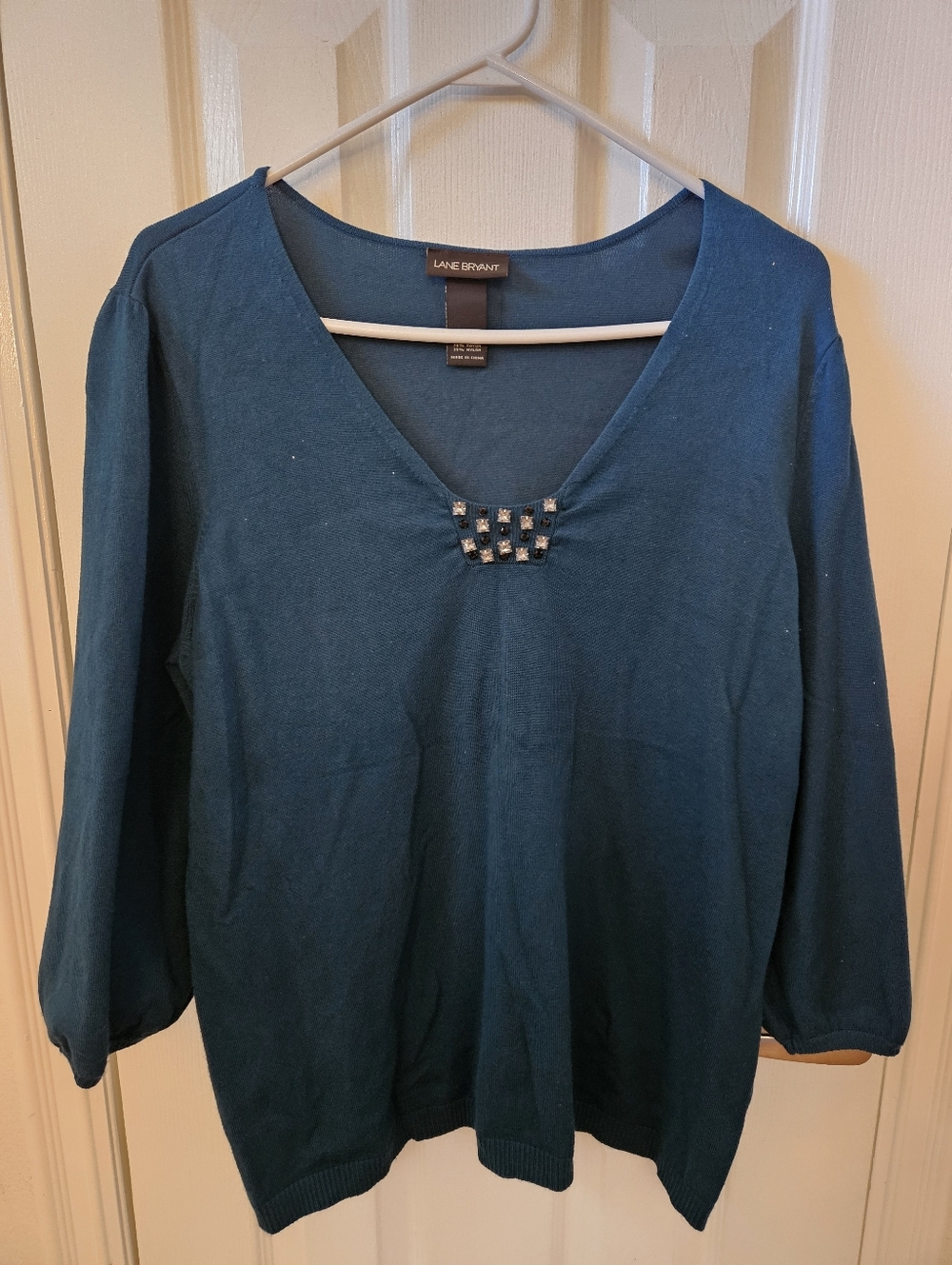 Lane Bryant 14/16 Dark Teal 3/4 Sleeve Sweater with Embellishment at Neck